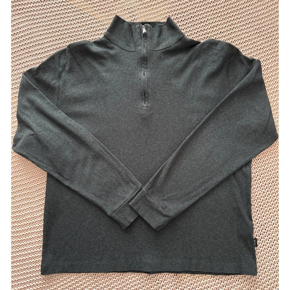 HUGO BOSS MENS L 1/2 ZIP CASUAL SWEATER BLACK CHARCOAL GREY PIMA 100% COTTON